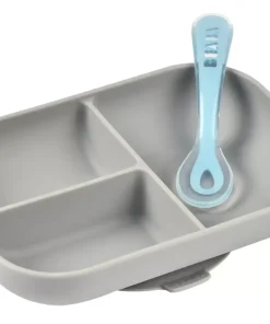 Sale Set Repas Silicone Avec Ventouse Grey Couverts, Vaisselle Et Bavoirs
